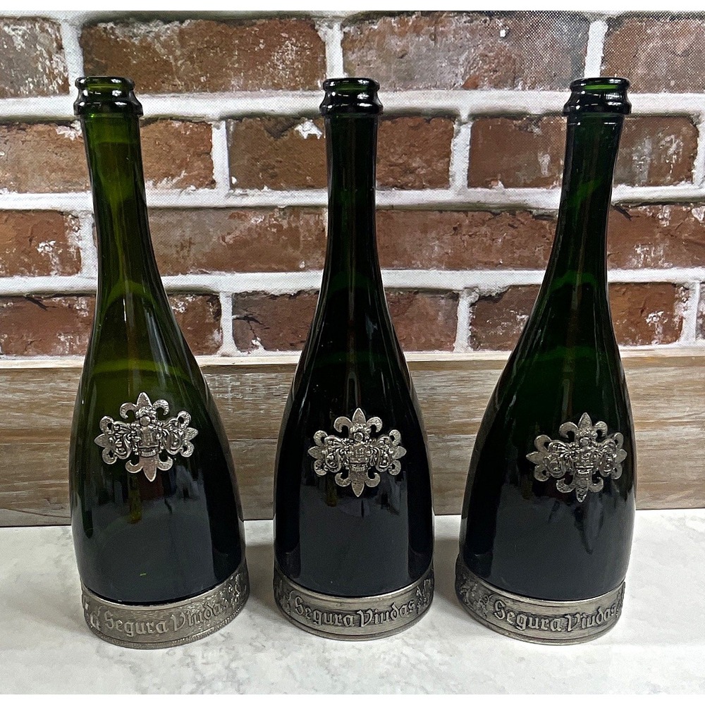 Segura Viudas Green Wine Bottles 750 ml w/ Metal Medallion & Base Band (3)